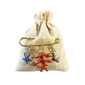 Pochon numéro 1 aux fleurs d’immortelles bio de Vitalba  « étoile de mer bleue, grand corail rouge, coquillage ».