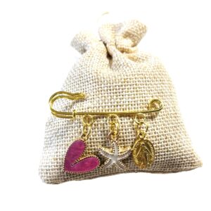 Pochon numéro 20 aux fleurs d’immortelles bio de Vitalba « cœur rose, étoile de mer blanche, vierge Marie dorée ».